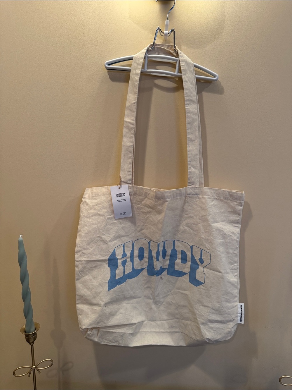 Cotton On Natural Canvas Tote with Blue "Howdy" Print